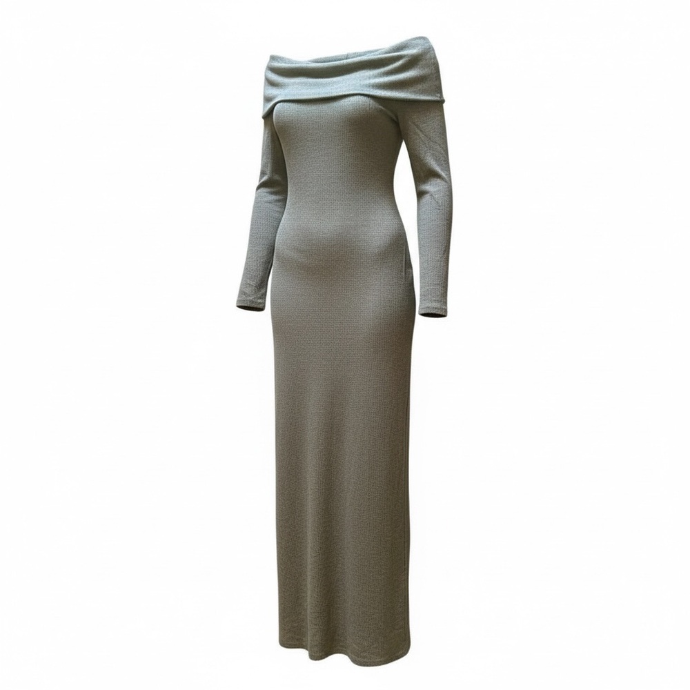 Elegant Ribbed Off-Shoulder Gray Dress